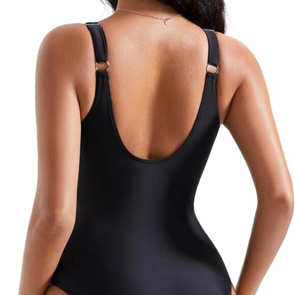 Black Swimsuit Tummy Control Ruched Criss Cross Size XL NWOT #2213 - Picture 2 of 5